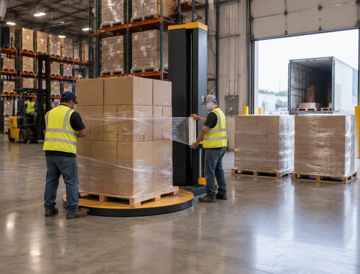 Editorial illustration of pallet wrapping PalletCove Liquidation staff shrink-wrapping a pallet of plain cartons on the Houston warehouse floor before shipment