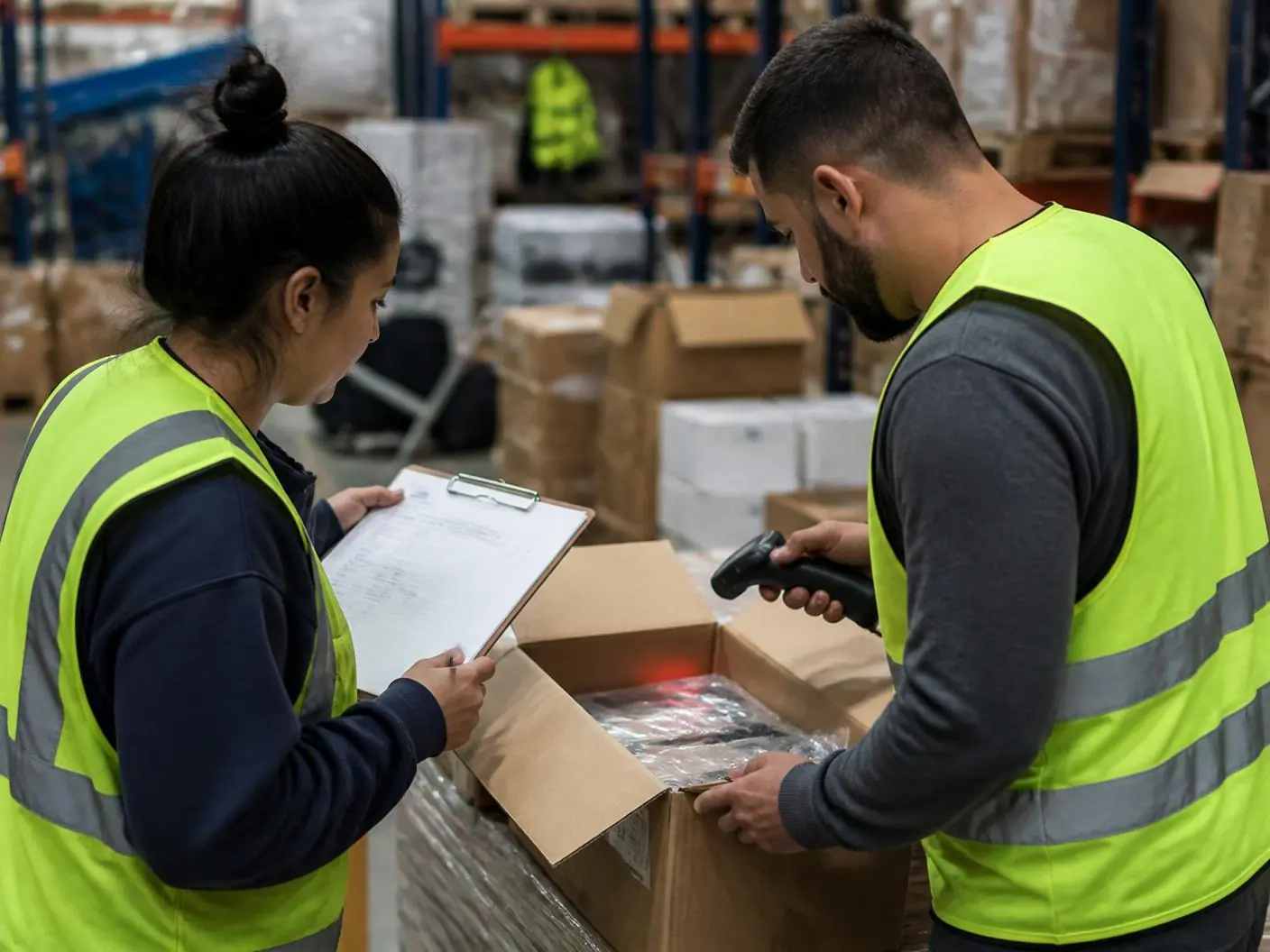 Condition grading and inspection of liquidation merchandise PalletCove staff inspecting and grading returned inventory before it is wrapped