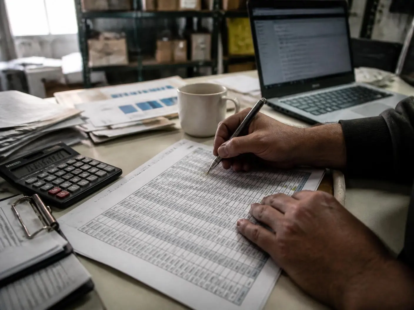 Liquidation manifest paperwork at the warehouse desk PalletCove staff counting a load against its manifest and recording condition grades
